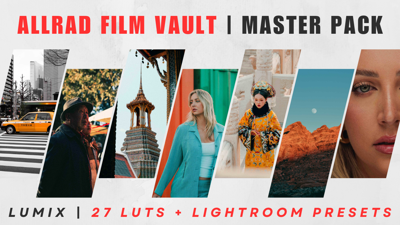 ALLRAD Photo LUTs Pack and Lightroom Presets master pack, featuring colorful LUTs and presets for photo editing and color grading.