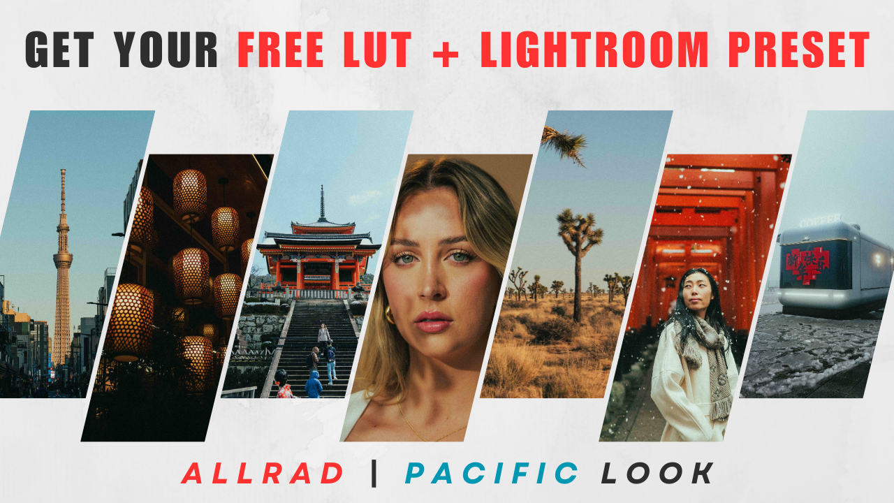 ALLRAD Free LUT and Lightroom preset shown on screen, showcasing color grading options for photo editing.